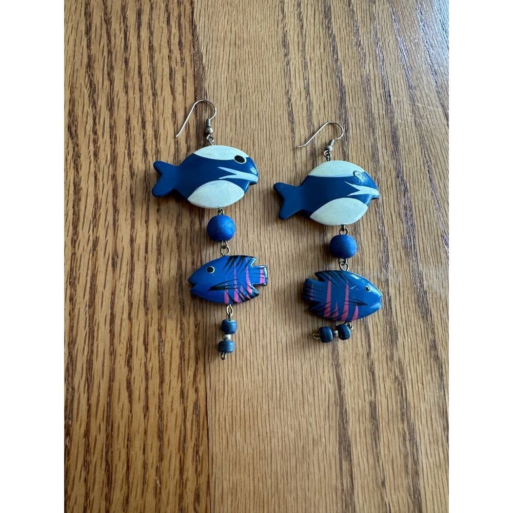 Fish-Shaped Wooden Earrings With Hand-Painted Blue & Pink Pattern Unique